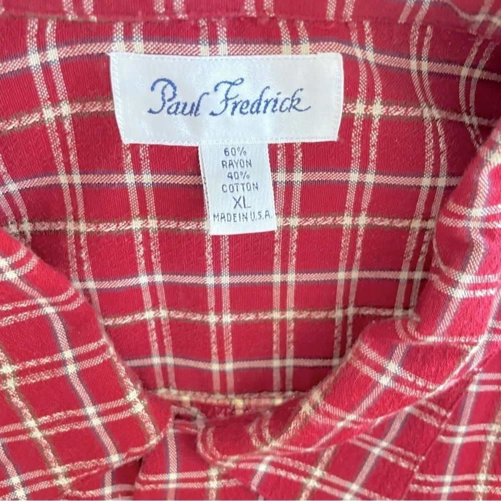 Paul Fredrick Red Plaid Button Down Shirt XL – Made in USA, Rayon Cotton Blend